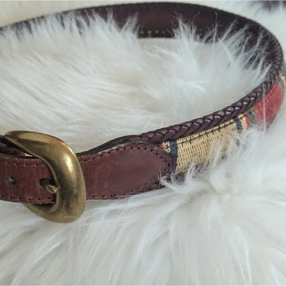 LL Bean Kilim Braided Brown Leather Woven Killim Belt Gold Buckle S Small 31-32